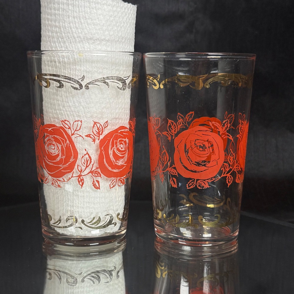 Vintage Federal Glass Red Rose Gold Scroll Tumblers Set of 2 Mid Century Modern